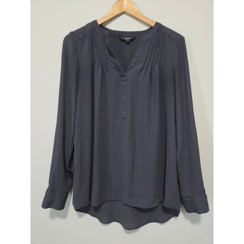 Simply Vera Vera Wang‎ Gray Pleated V-Neck Long Sleeve Blouse Top M